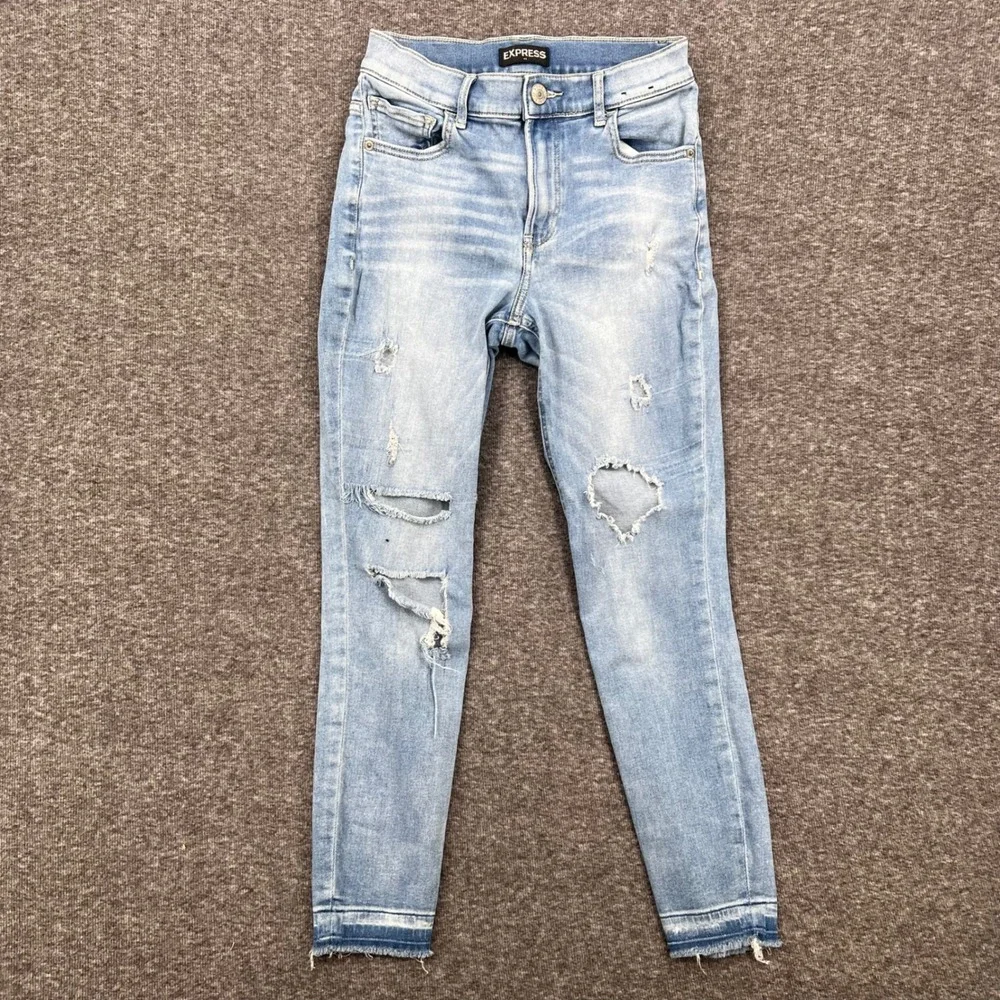 Express Women Light Wash 2 Distressed Skinny Jeans High Rise Raw Hem Ripped Knee